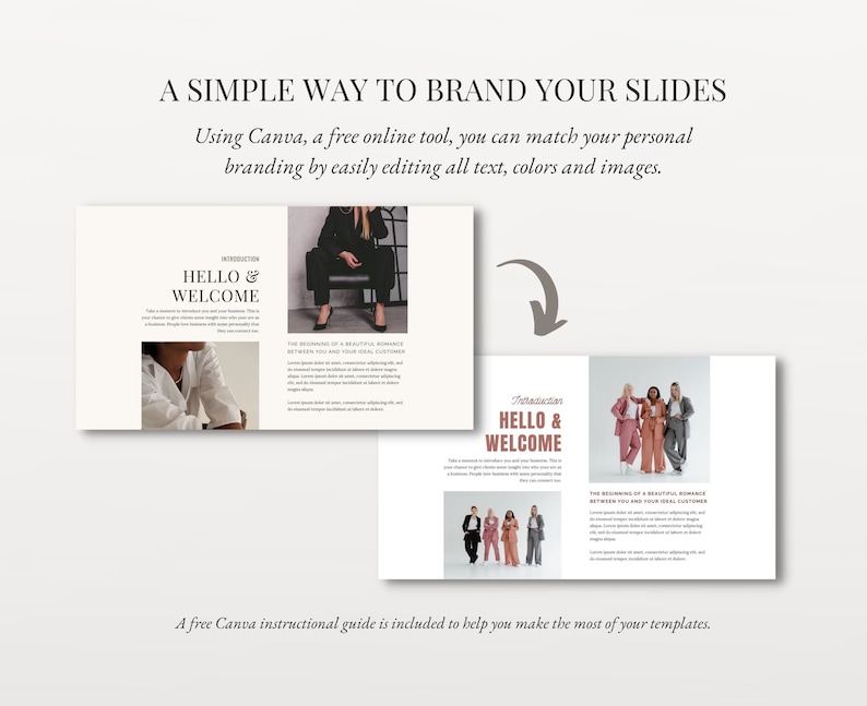 May include: A slide deck template with the text "Hello & Welcome" and a photo of people in a professional setting. The text "A free Canva instructional guide is included to help you make the most of your templates." is at the bottom of the slide.