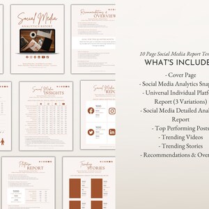 May include: A 10-page social media report template with a brown and white color scheme. The template includes a cover page, social media analytics snapshot, universal individual platform report, social media detailed analytics report, top performing posts, trending videos, trending stories, and recommendations and overview.
