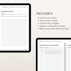 May include: A digital planner for sermon notes, with sections for scriptures, notes, bullet points, and extras. Includes a journal cover and index, sermon index template, two sermon note templates, scriptures to remember template, and blank, lined, grid, and bullet note pages.