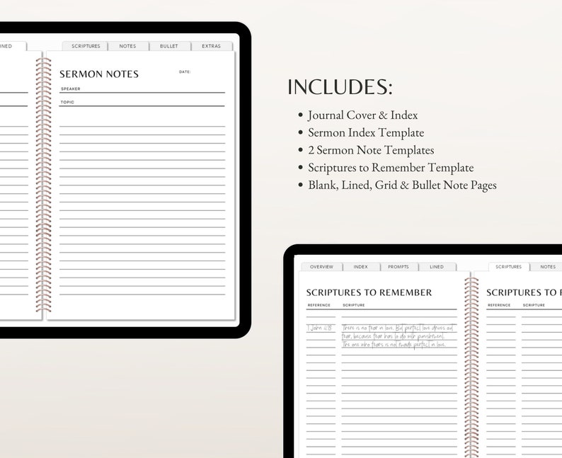 May include: A digital planner for sermon notes, with sections for scriptures, notes, bullet points, and extras. Includes a journal cover and index, sermon index template, two sermon note templates, scriptures to remember template, and blank, lined, grid, and bullet note pages.