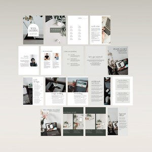 K&ouml;nnte beinhalten: Eine digitale Marketingbrosch&uuml;re mit minimalistischem Design, die Bilder von Laptops, Pflanzen und Text zeigt. Die Brosch&uuml;re hebt Webdesign, Texten, Branding und andere Dienstleistungen hervor.