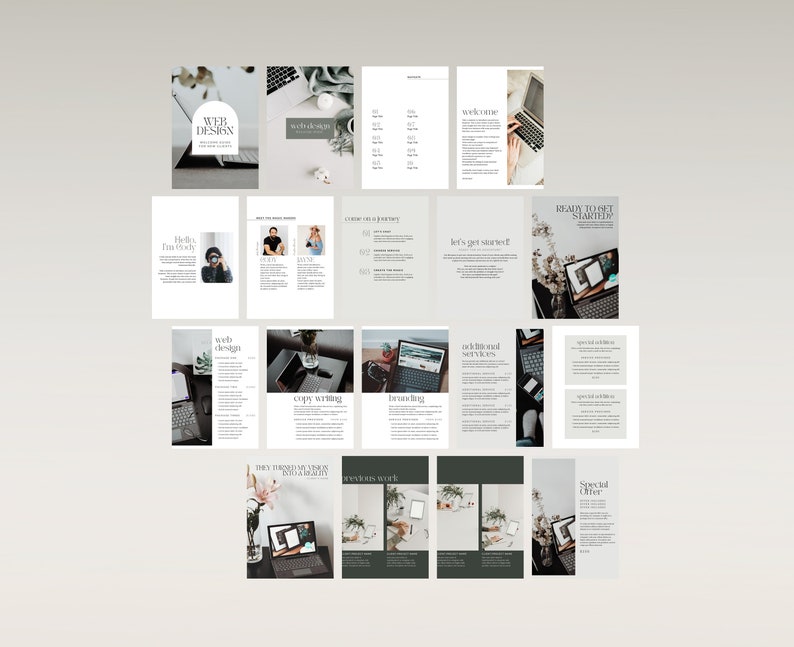 K&ouml;nnte beinhalten: Eine digitale Marketingbrosch&uuml;re mit minimalistischem Design, die Bilder von Laptops, Pflanzen und Text zeigt. Die Brosch&uuml;re hebt Webdesign, Texten, Branding und andere Dienstleistungen hervor.