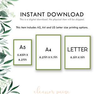 May include: A printable digital download of three different sizes of paper: A5 (5.83 inches by 8.27 inches), A4 (8.27 inches by 11.7 inches), and Letter (8.5 inches by 11 inches). The text "INSTANT DOWNLOAD" is at the top of the image. The text "This is a digital download. No physical item will be shipped." is below the text "INSTANT DOWNLOAD". The text "This item includes A5, A4 and US Letter size printing options." is below the text "No physical item will be shipped."