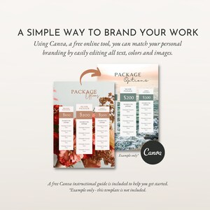 May include: A printable template for creating a package options price list. The template features three different package options with prices listed as $100, $200, and $300. The template is designed with a modern aesthetic and includes floral and beach-themed backgrounds. The text "Package Options" is displayed at the top of the template. The text "Canva" is displayed at the bottom of the template.