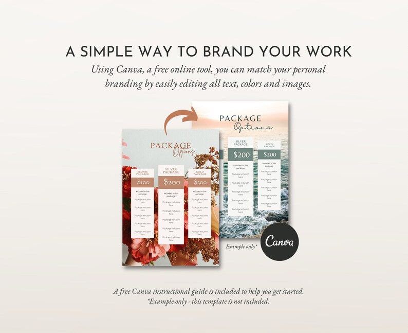 May include: A printable template for creating a package options price list. The template features three different package options with prices listed as $100, $200, and $300. The template is designed with a modern aesthetic and includes floral and beach-themed backgrounds. The text "Package Options" is displayed at the top of the template. The text "Canva" is displayed at the bottom of the template.