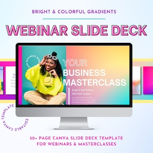 Peut inclure: Un modèle de diapositive Canva coloré pour les webinaires et les masterclasses. Le modèle présente un design lumineux et audacieux avec un fond dégradé et une femme en chemise jaune. Le texte sur la diapositive indique "Votre Masterclass d'Entreprise".
