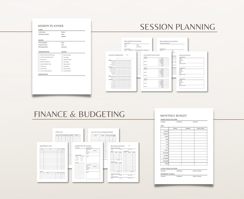 May include: A collection of printable planner pages for session planning and finance budgeting. The documents feature black text on white paper, including headers like Session Planner, Client Workflow, Location Scouting, and Monthly Budget.