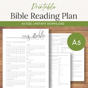 May include: A printable Bible reading plan document in A5 size. The white page features black text with the header my Bible READING LOG and lists Old Testament books with numbered boxes for tracking progress. A green circle displays A5.