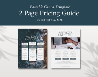 Pricing Guide Canva Template, Classic 2 Page Small Business Pricelist, Photography Price Sheet, Printable Pricing & Services Marketing Guide