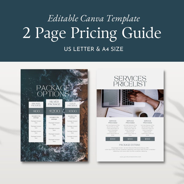 Pricing Guide Canva Template, Classic 2 Page Small Business Pricelist, Photography Price Sheet, Printable Pricing & Services Marketing Guide