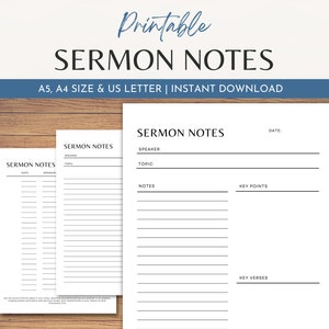 Puede incluir: Plantilla de notas de sermón imprimible en tres tamaños diferentes: A5, A4 y US Letter. La plantilla incluye secciones para la fecha, el orador, el tema, las notas, los puntos clave y los versículos clave.