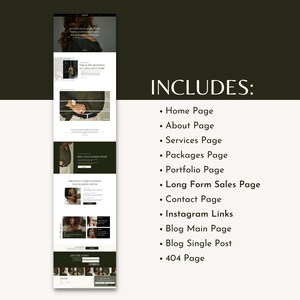 Op de afbeelding: Een website-ontwerptemplate voor een bedrijf of merk. De template bevat een startpagina, een over ons-pagina, een services-pagina, een pakketten-pagina, een portfolio-pagina, een lange verkooppagina, een contactpagina, Instagram-links, een blog-hoofdpagina, een enkel blogbericht en een 404-pagina.