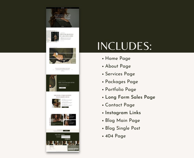 Op de afbeelding: Een website-ontwerptemplate voor een bedrijf of merk. De template bevat een startpagina, een over ons-pagina, een services-pagina, een pakketten-pagina, een portfolio-pagina, een lange verkooppagina, een contactpagina, Instagram-links, een blog-hoofdpagina, een enkel blogbericht en een 404-pagina.