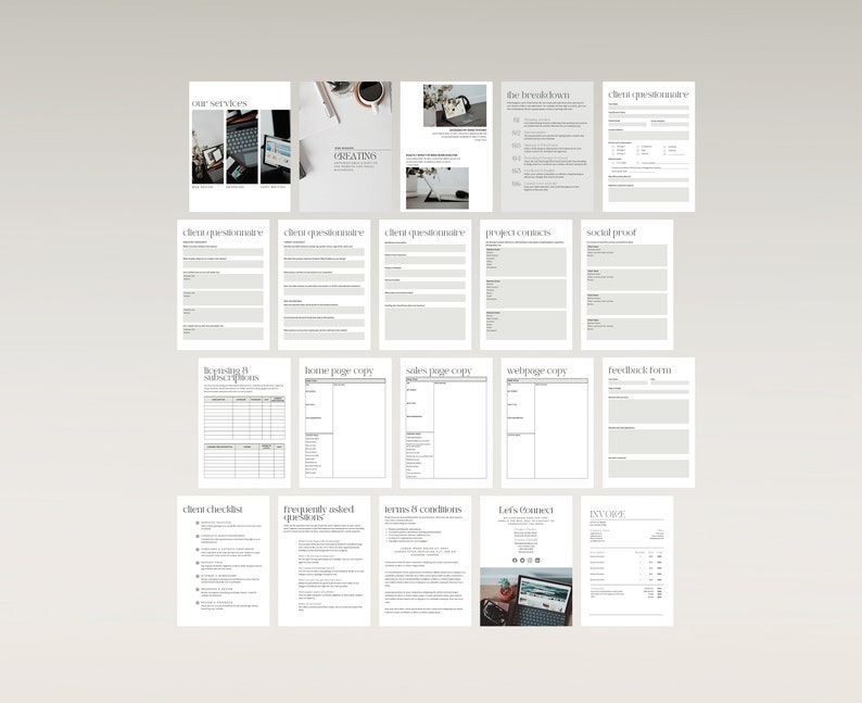 K&ouml;nnte beinhalten: Ein Satz druckbarer Gesch&auml;ftsvorlagen f&uuml;r ein kreatives Unternehmen. Die Vorlagen umfassen Kundenfrageb&ouml;gen, Projektkontakte, Social Proof, Verkaufsseitenkopien, Feedbackformulare, Kundenchecklisten, h&auml;ufig gestellte Fragen, Gesch&auml;ftsbedingungen, Rechnungen und mehr.
