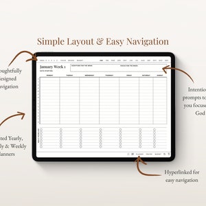 May include: A digital planner app on a tablet screen with a weekly layout. The app features a simple design with a black and white colour scheme. The app includes a section for daily to-do lists, planner, prayer, and budget.