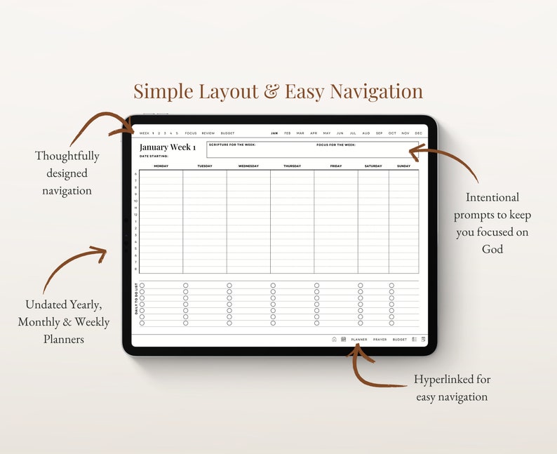 May include: A digital planner app on a tablet screen with a weekly layout. The app features a simple design with a black and white colour scheme. The app includes a section for daily to-do lists, planner, prayer, and budget.
