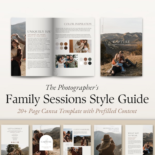 Photography Style Guide with Content for Family Photography Sessions Canva Template, New Client Welcome Magazine for Photographers