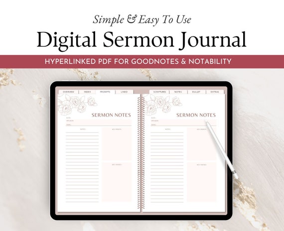 Digital Sermon Notebook, Church Journal Template, Floral Digital Faith Planner Notebook for GoodNotes and Notability