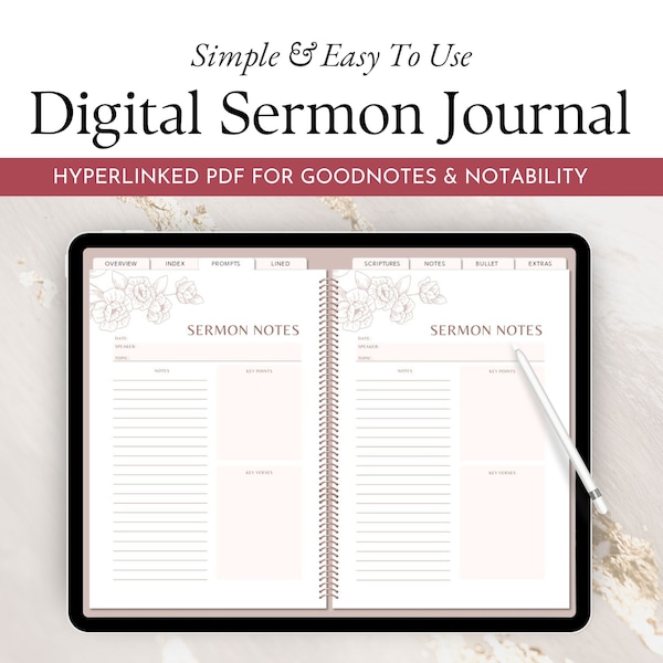 Digital Sermon Notebook, Church Journal Template, Floral Digital Faith Planner Notebook for GoodNotes and Notability