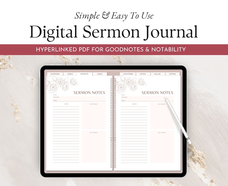 K&ouml;nnte beinhalten: Ein digitales Predigttagebuch mit einem floralen Design auf dem Cover. Das Tagebuch ist auf einer Seite ge&ouml;ffnet, die Abschnitte f&uuml;r &Uuml;bersicht, Index, Aufforderungen, linierte Notizen, Schriftstellen, Notizen, Aufz&auml;hlungszeichen und Extras enth&auml;lt. Das Tagebuch ist f&uuml;r die Verwendung mit GoodNotes und Notability konzipiert.