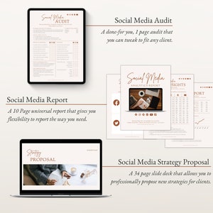 May include: A digital marketing toolkit for social media, including a social media audit, report, and strategy proposal. The toolkit features a brown and white color scheme with a modern design.