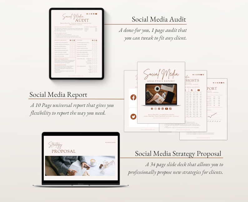 May include: A digital marketing toolkit for social media, including a social media audit, report, and strategy proposal. The toolkit features a brown and white color scheme with a modern design.