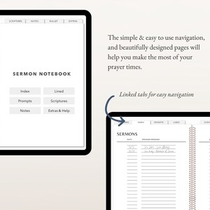 May include: A digital planner for sermon notes with tabs for Index, Prompts, Lined, Scriptures, and Notes. The planner has a brown and white color scheme and a stitched binding.