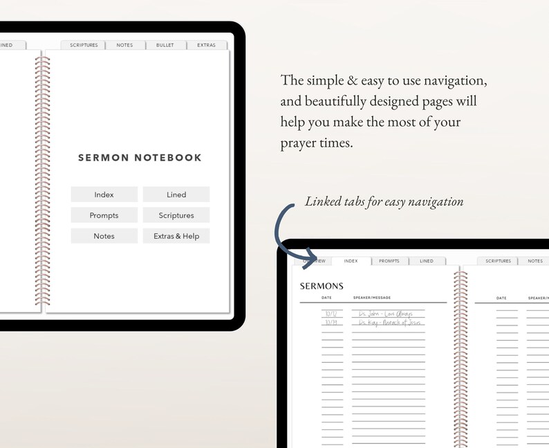 May include: A digital planner for sermon notes with tabs for Index, Prompts, Lined, Scriptures, and Notes. The planner has a brown and white color scheme and a stitched binding.