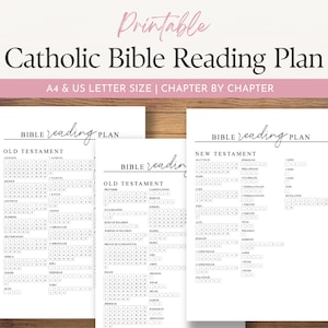 Tracker della lettura della Bibbia cattolica, elenco di controllo capitolo per capitolo, registro di lettura, piano di studio giornaliero della Bibbia, formato A4 e lettera americana