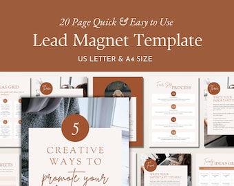 May include: A digital marketing template with a brown and cream color scheme. The text reads "20 Page Quick & Easy to Use Lead Magnet Template" and "US LETTER & A4 SIZE". The template includes pages with the text "6 IDEAS GRID", "5 CREATIVE WAYS TO PROMOTE YOUR", and "WRITE YOUR IMPORTANT TIP HERE".