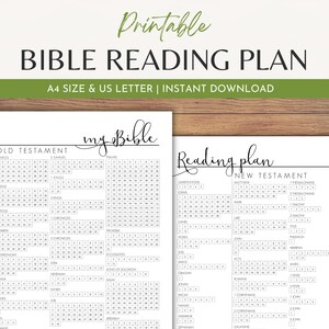 May include: A printable Bible reading plan with a black and white design. The plan is divided into two sections: Old Testament and New Testament. Each section lists the books of the Bible and the chapters to be read each day.