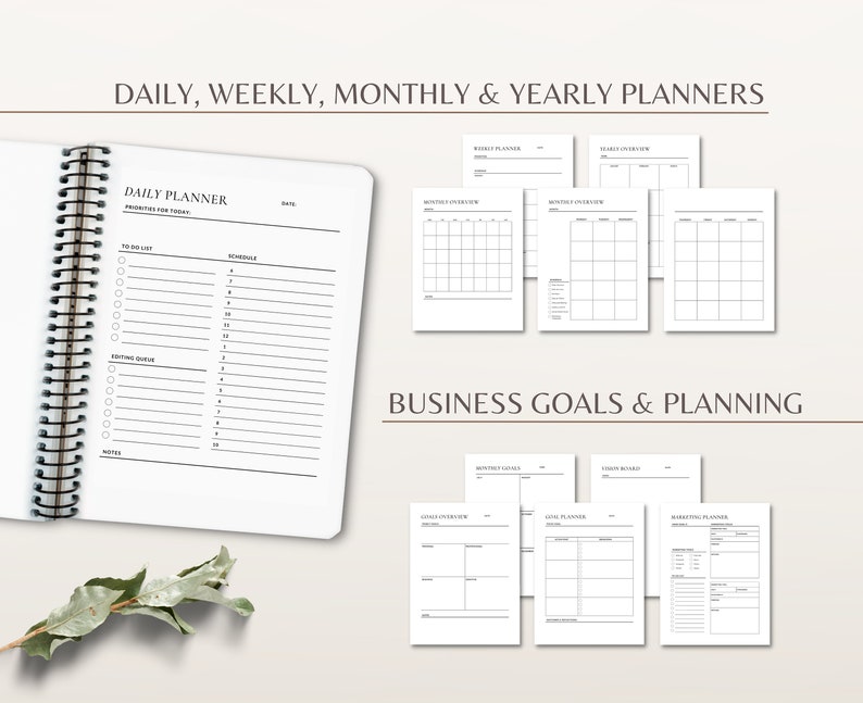 May include: A spiral-bound daily planner with black text on white pages, featuring sections for priorities, to-do lists, schedules, and notes. Additional loose-leaf pages display weekly, monthly, and yearly planning templates alongside business goal and marketing layouts.
