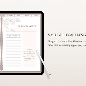 K&ouml;nnte beinhalten: Ein digitales Tablet zeigt eine druckbare Vorlage f&uuml;r Predigtnotizen mit einem floralen Design. Die Vorlage enth&auml;lt Abschnitte f&uuml;r Schriftstellen, Notizen, Aufz&auml;hlungszeichen und Extras. Der Text "SERMON NOTES" befindet sich oben auf der Seite. Der Text "SIMPLE & ELEGANT DESIGN" befindet sich unten auf der Seite.