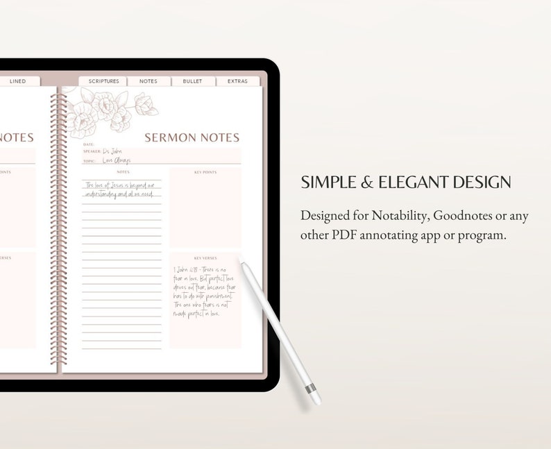 K&ouml;nnte beinhalten: Ein digitales Tablet zeigt eine druckbare Vorlage f&uuml;r Predigtnotizen mit einem floralen Design. Die Vorlage enth&auml;lt Abschnitte f&uuml;r Schriftstellen, Notizen, Aufz&auml;hlungszeichen und Extras. Der Text "SERMON NOTES" befindet sich oben auf der Seite. Der Text "SIMPLE & ELEGANT DESIGN" befindet sich unten auf der Seite.