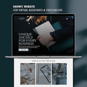 Puede incluir: Una pantalla de computadora portátil que muestra un sitio web para asistentes virtuales y autónomos. El sitio web se llama "Echo Socials" y presenta un lema "Unique Socials for Every Business". El sitio web también enumera los servicios que se ofrecen, que incluyen diseño gráfico, gestión de redes sociales y creación de contenido.