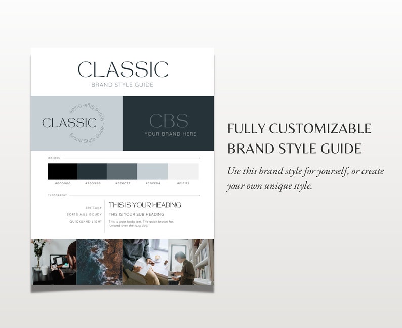 May include: A brand style guide with a black, gray, and white color palette. The guide includes a logo with the text "CBS" and the words "Your Brand Here". The guide also includes a heading that says "This is your heading" and a subheading that says "This is your subheading".