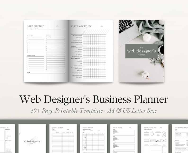May include: A printable web designer's business planner with 40+ pages. The planner includes sections for daily planning, client workflow, project budget, yearly budget, social proof, wireframe icons, and new client checklist. The planner is available in A4 and US Letter size.
