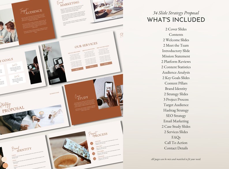 May include: A 34-slide strategy proposal for social media marketing. The proposal includes a cover slide, welcome slides, a mission statement, audience analysis, content pillars, brand identity, strategy slides, a project process, target audience, hashtag strategy, SEO strategy, email marketing, case study slides, service slides, FAQs, a call to action, and contact details.