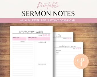 Sermon Notes Printable, Blush Pink Sermon Journal Pages, Bible Study Notes, Church Notes Faith Planner Inserts, A5, A4 & Letter Size