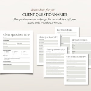 K&ouml;nnte beinhalten: Ein Satz von f&uuml;nf druckbaren Kundenfrageb&ouml;gen f&uuml;r Unternehmen. Die Frageb&ouml;gen umfassen Abschnitte f&uuml;r Kundeninformationen, Projektdetails, Feedback und Projektkontakte.