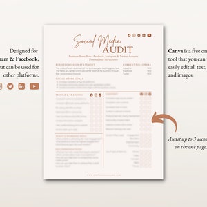 May include: A printable social media audit template for Instagram and Facebook. The template includes sections for business mission statement, social media goals, profile and branding, content and engagement, and analytics. The template is designed to help businesses track their social media progress and identify areas for improvement.