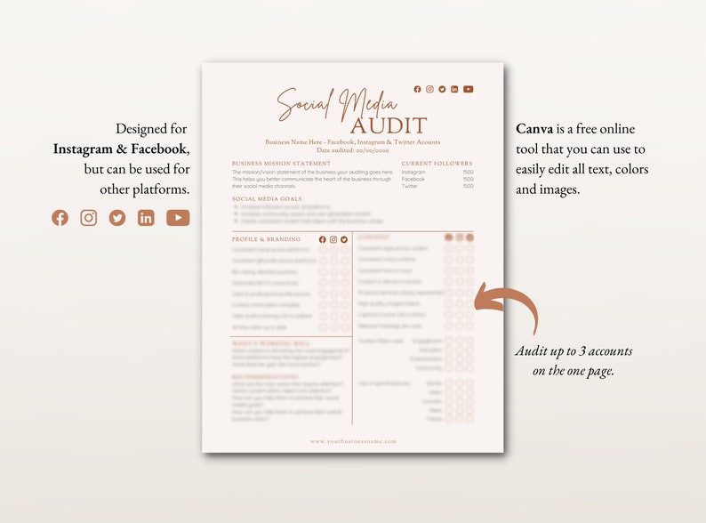 May include: A printable social media audit template for Instagram and Facebook. The template includes sections for business mission statement, social media goals, profile and branding, content and engagement, and analytics. The template is designed to help businesses track their social media progress and identify areas for improvement.