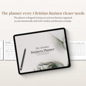 May include: A digital planner for Christian business owners. The cover features a white background with the text "The Christian Business Planner" in black. The text "Business Planner for Faith Filled Entrepreneurs" is also in black.