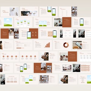 May include: A presentation template with a brown and white color scheme. The template features a variety of slides with different layouts, including text, images, and charts. The slides are designed to be used for business presentations, proposals, and reports.