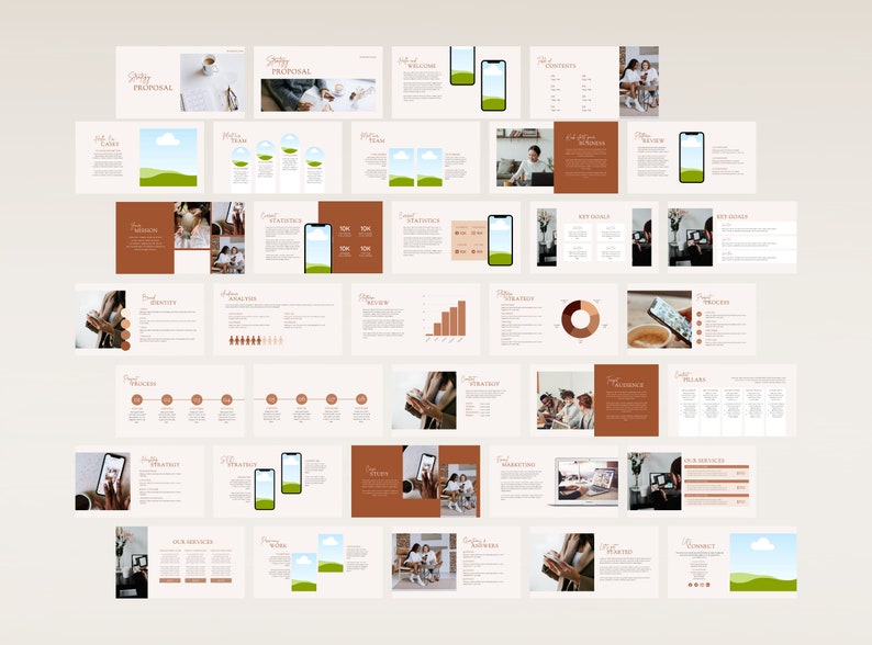 May include: A presentation template with a brown and white color scheme. The template features a variety of slides with different layouts, including text, images, and charts. The slides are designed to be used for business presentations, proposals, and reports.