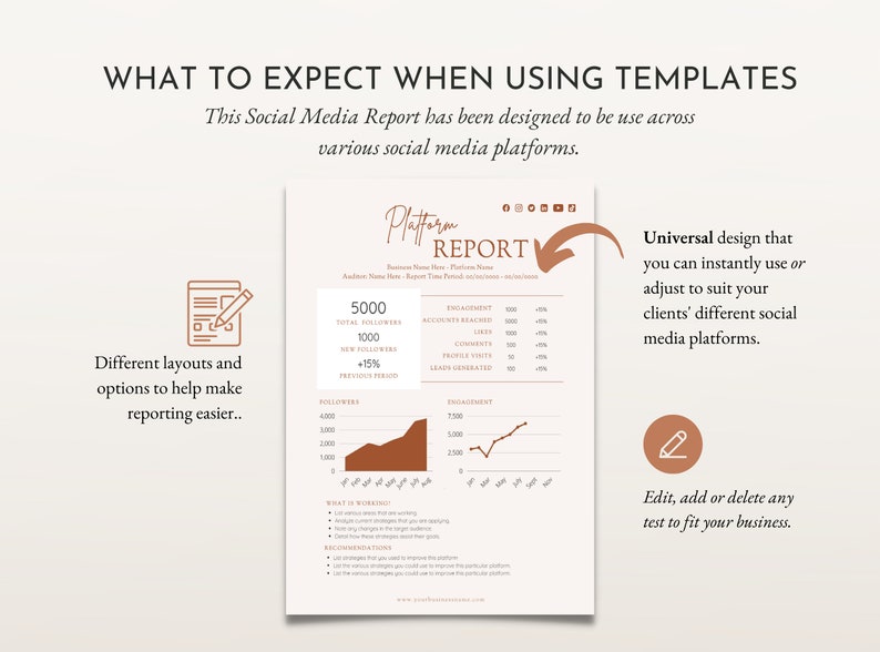 May include: A social media report template with a brown and white color scheme. The template includes a graph, a table, and text that says "Platform Report". The template is designed to be used across various social media platforms.