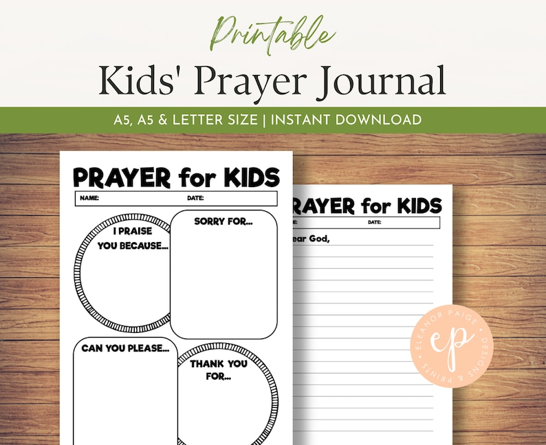 May include: Black and white printable prayer journal for kids with sections for praise, sorry, requests, and thank you. The journal includes a space for the child's name and the date.