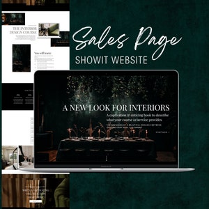 May include: A laptop computer screen displaying a website sales page for an interior design course. The page features a dark green background with a table setting and the text "A New Look for Interiors: A captivation & enticing hook to describe what your course or service provides."