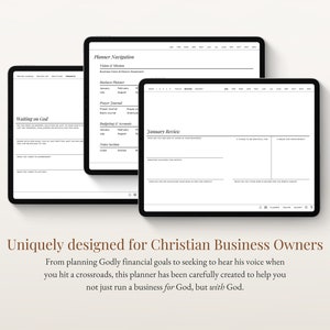 May include: A digital planner designed for Christian business owners. The planner includes sections for waiting on God, planner navigation, January review, and budgeting. The planner is designed to help business owners run their business with God.