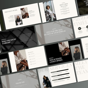 May include: A presentation template with a black and white colour scheme. The template features a variety of images, text, and graphics. The text includes the words "Meet Miss Success", "Project Timeline", "Our Services", and "Meet the Team".